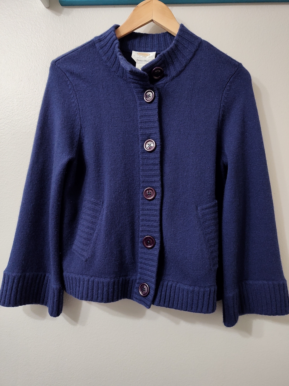 Talbots Navy Cashmere Blend Button-Front Knit Bell Sleeve Cardigan Pockets Artsy